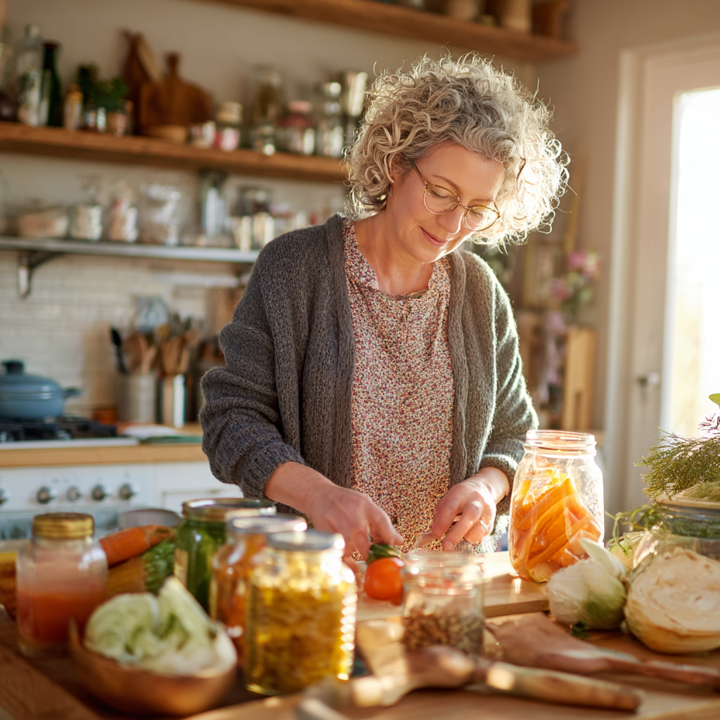 Middle-aged woman organizing weekly meal ingredients on kitchen counter