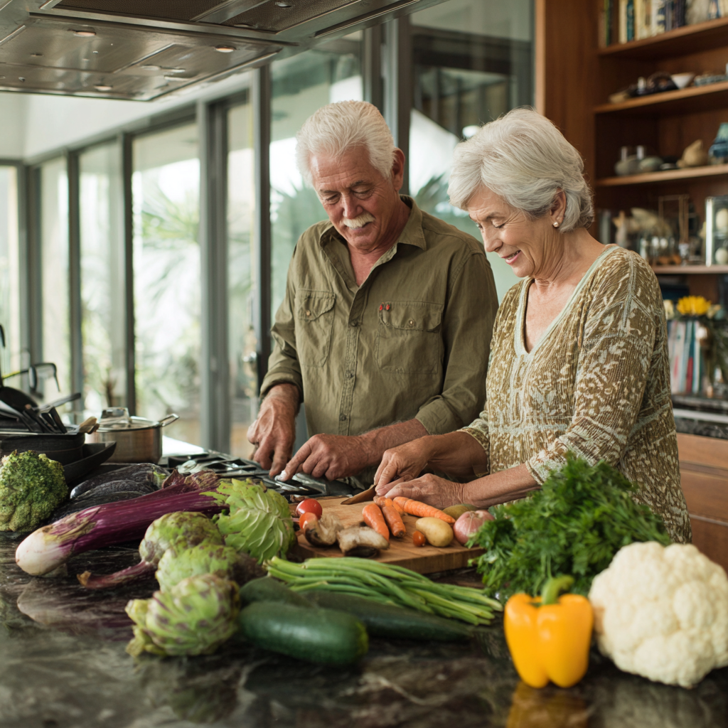 Older adults preparing fresh vegetables in modern kitchen